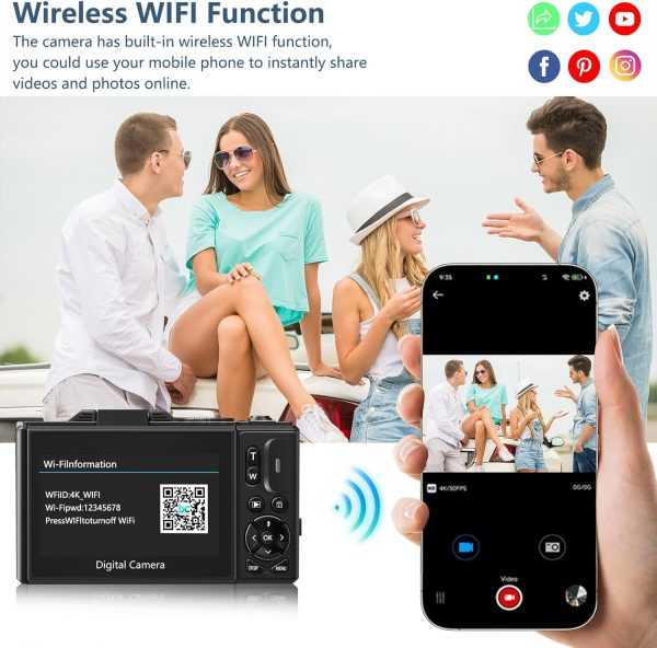 Digital Camera for Photography, 4K Vlogging Camera for YouTube 3" 180° Flip Screen 18X Digital Zoom Compact Retro Cameras with 32GB TF Card & 2 Batteries, Black - Image 3